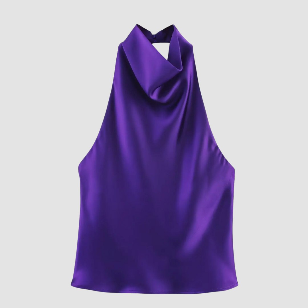 Satinlinne med halterneck och bar rygg i somrig design