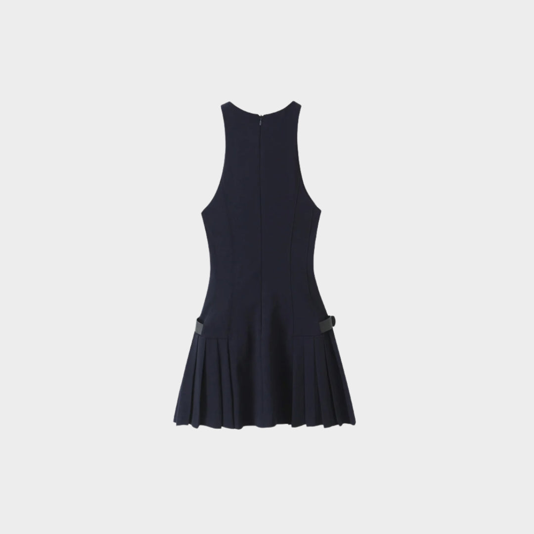 Mörkblå plisserad miniklänning med halterneck och bältdetaljer