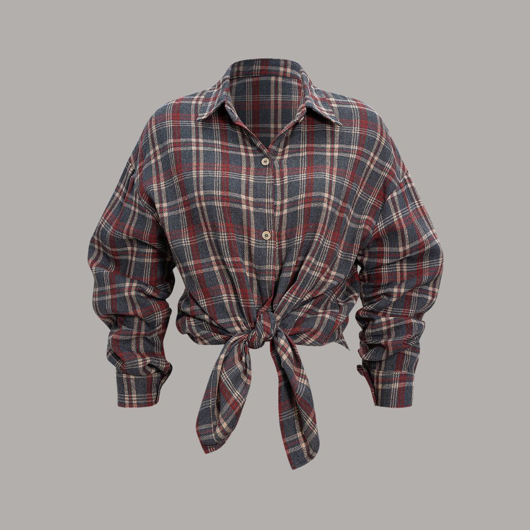 Grå rutig oversize twillskjorta med knytdetalj i midjan och mjuk borstad yta