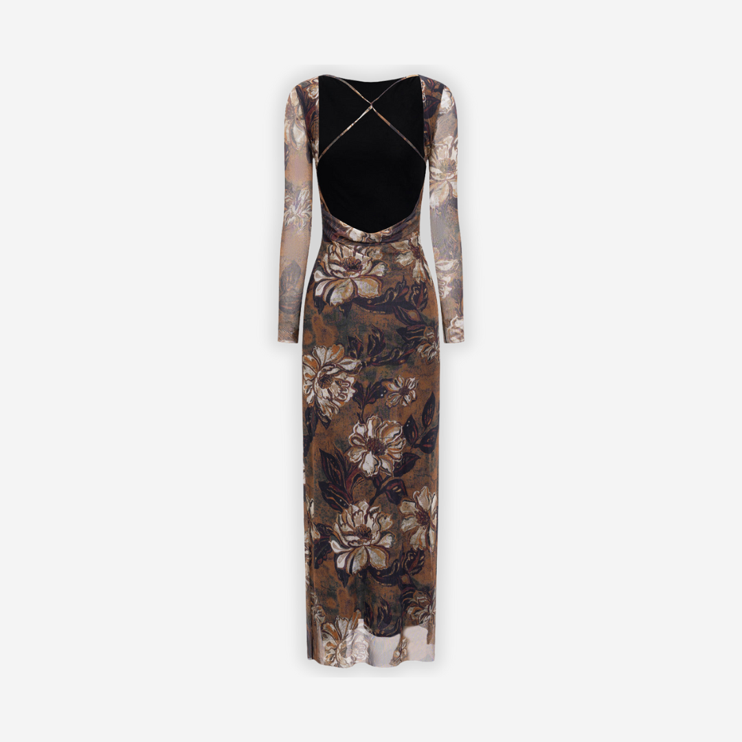 Meshklänning figurnära slim fit med semi transparent tyg unikt tryck ärmlös