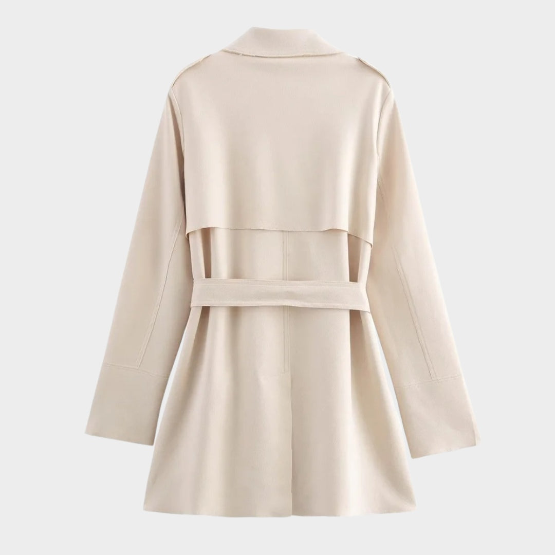 Beige trenchcoat i mockaliknande tyg med bälte
