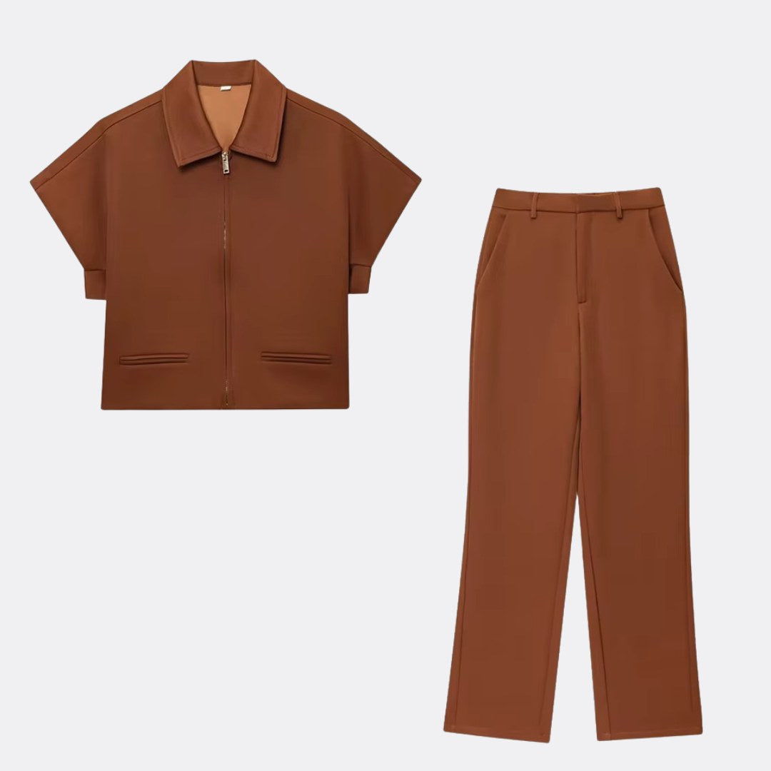 Strukturerat tvådelat set i stretch med zip-top och vida byxor