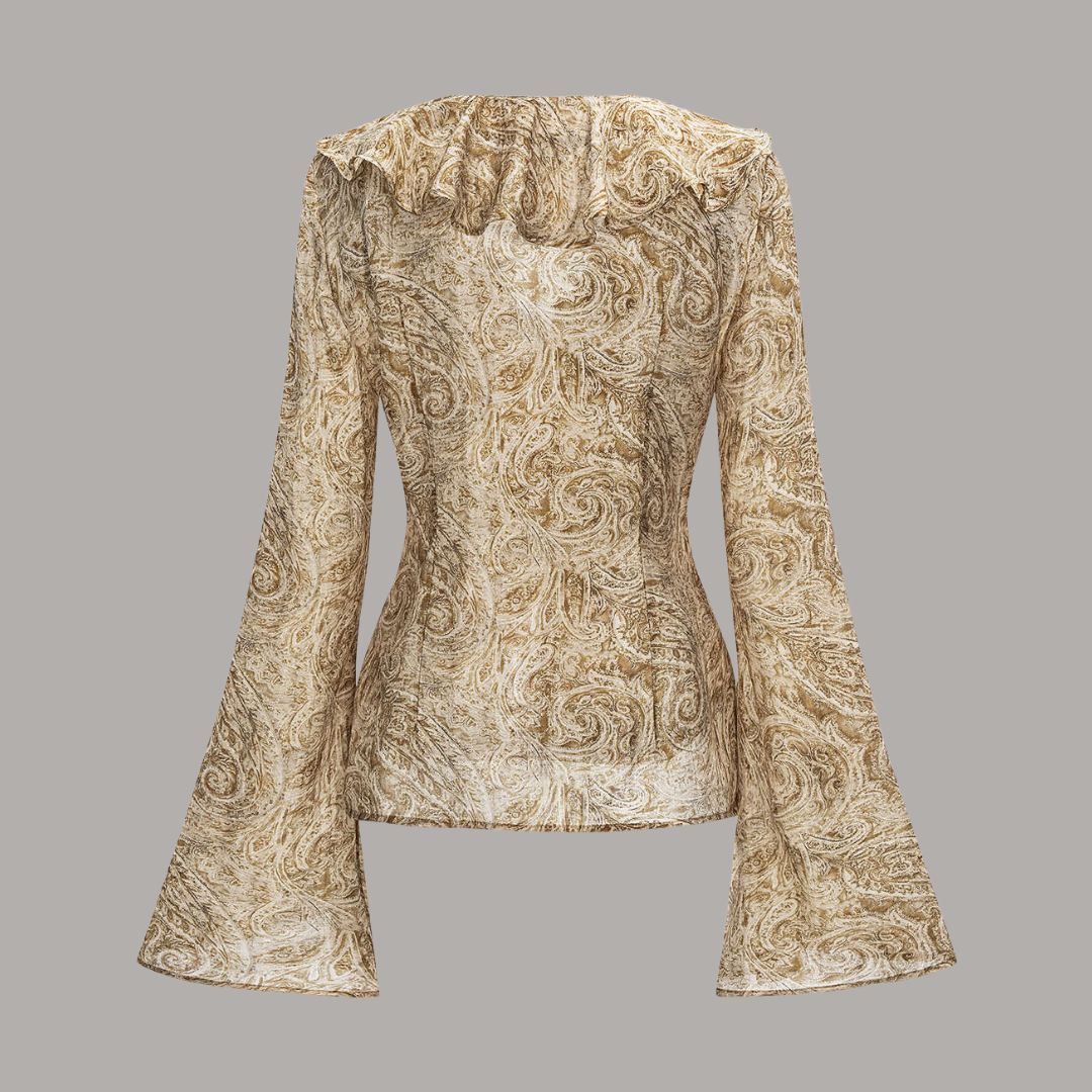 Khaki paisleymönstrad topp med volangdetaljer och utsvängda ärmar i figurnära jersey