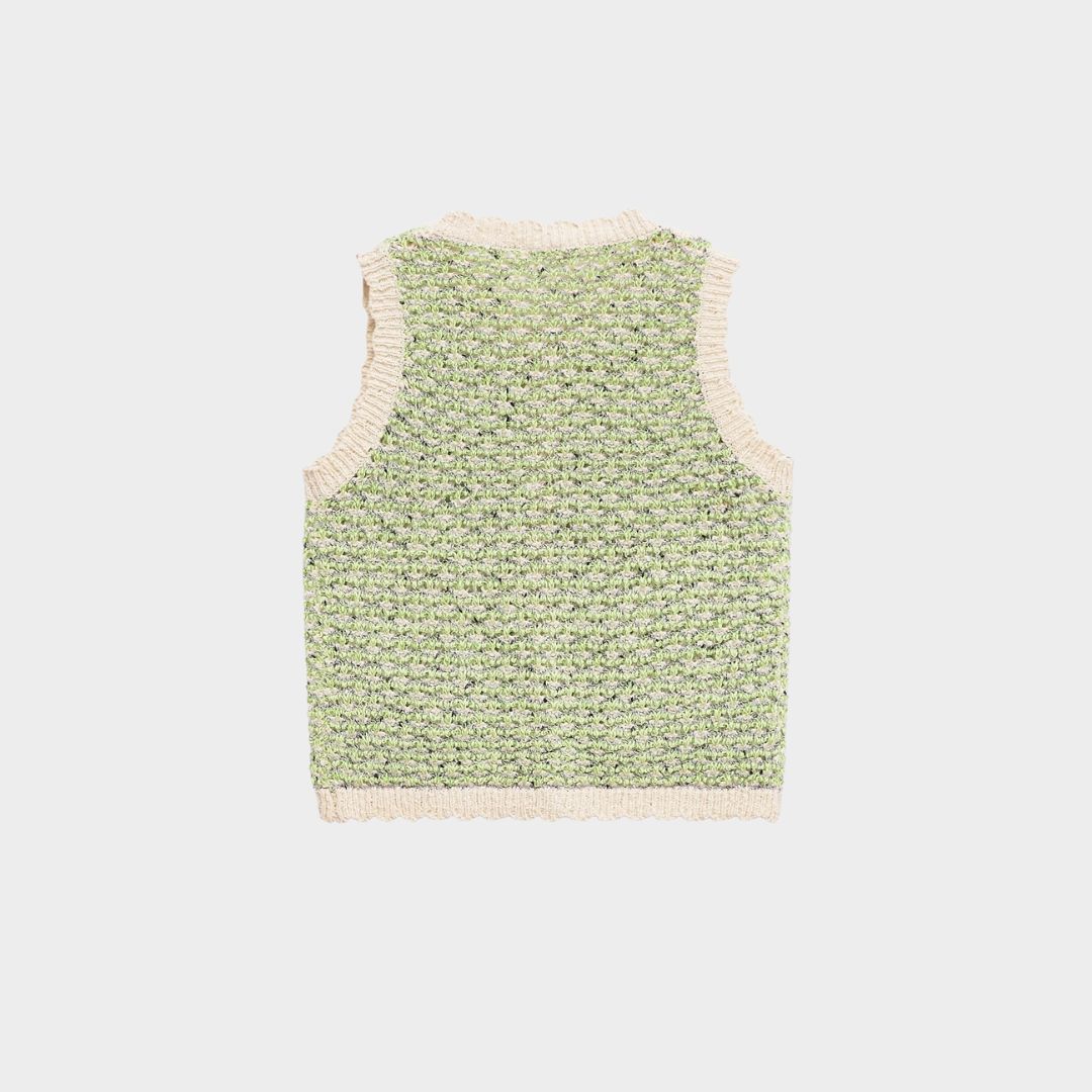Ljusgrön ärmlös stickad kofta med rund hals knappstängning och fickor