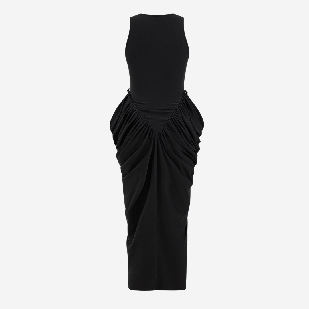 Figurnära svart midiklänning i stretchjersey med draperad kjol och gnistrande dekor