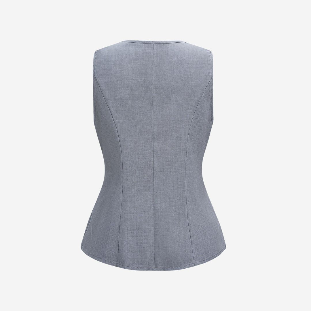 Grå figursydd väst i twill med djup V-ringning och guldfärgade rosformade knappar för dam