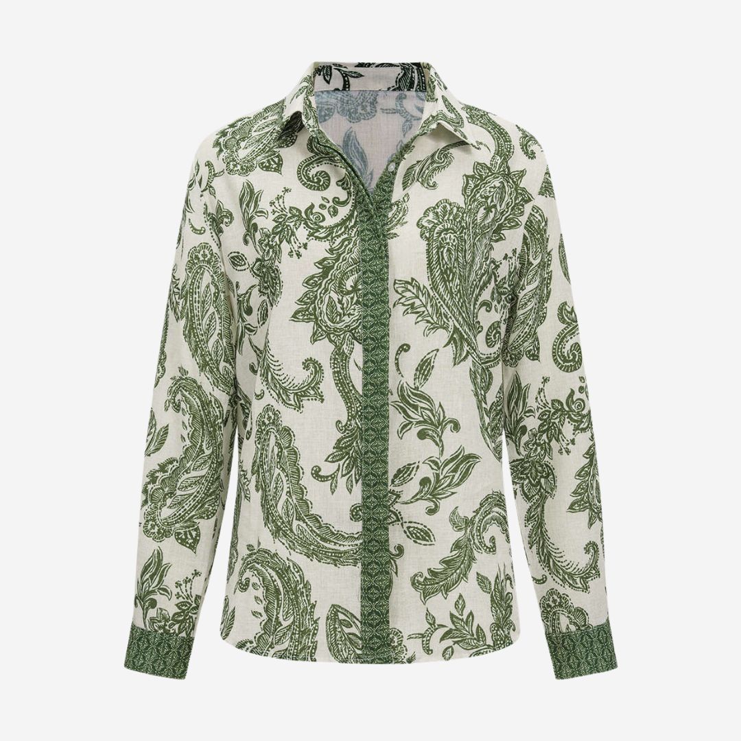 Grön- och vitmönstrad skjorta i paisleytryck med knytbälte och kontrastdetaljer