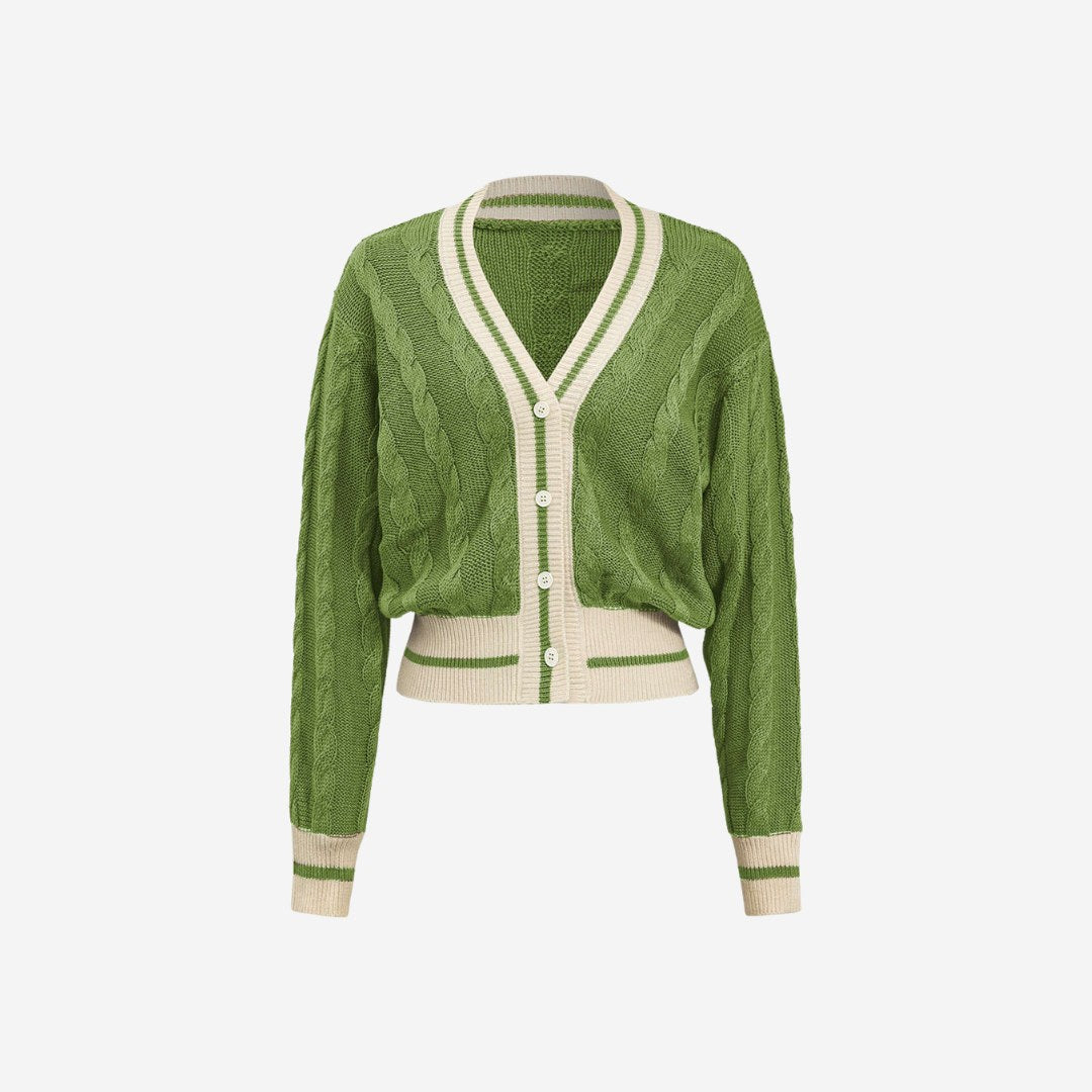 Stickad kofta kabelstickad färgblock V ringad cardigan