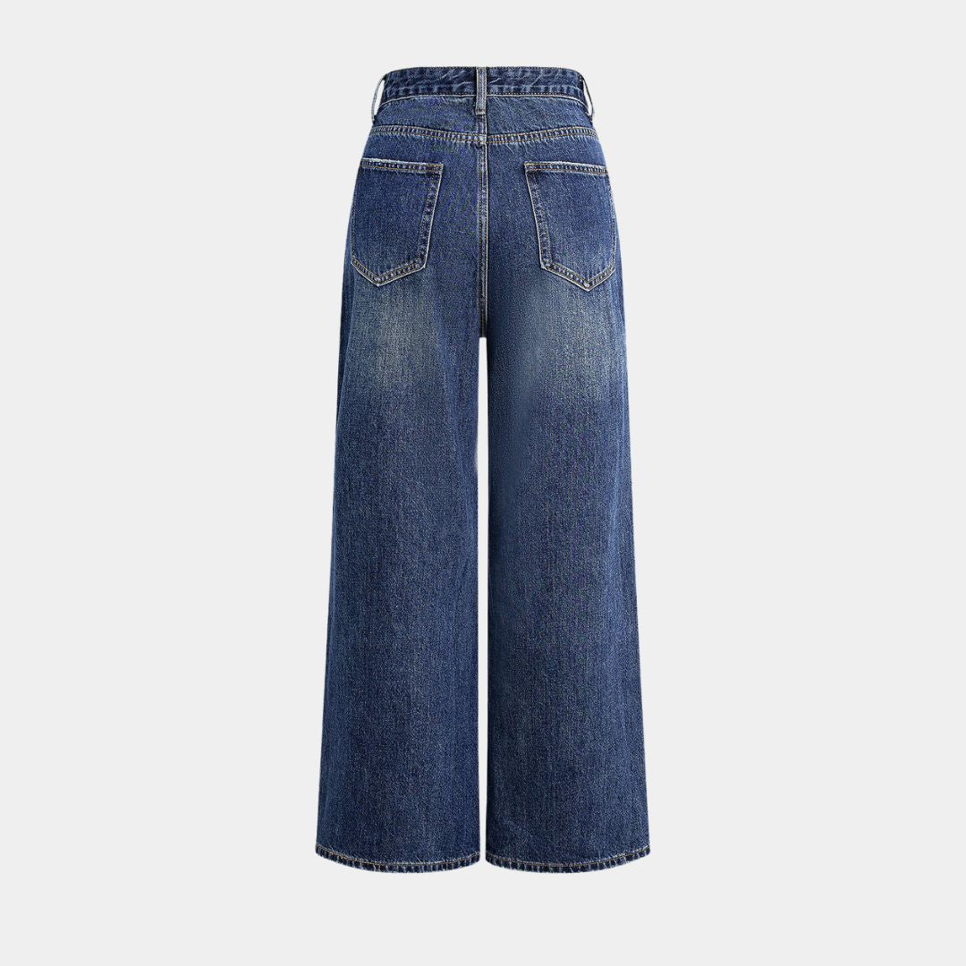 Denimbyxor med dubbel midja och exponerade rutiga flanellfickor