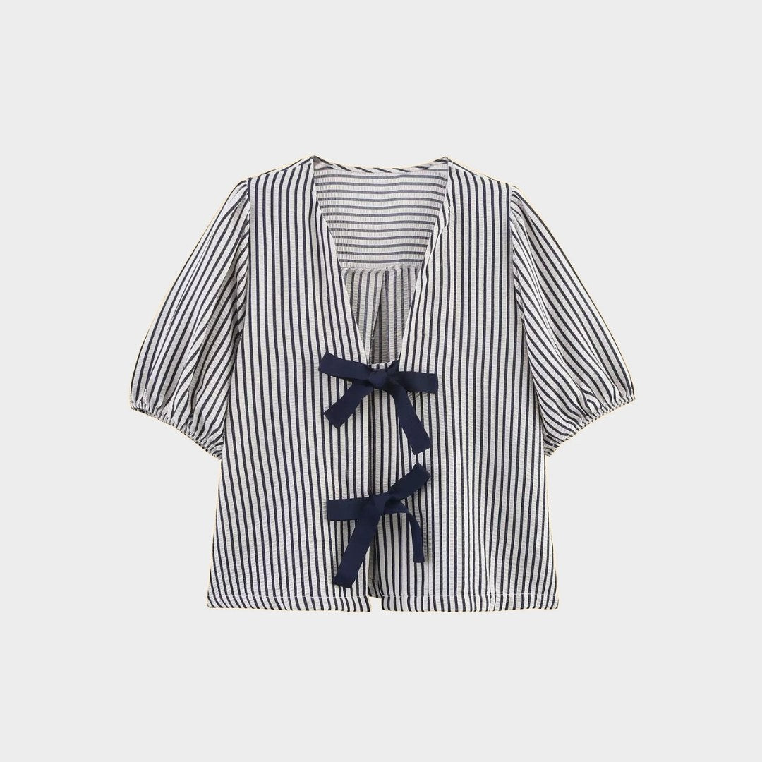 Blus med puffärm och knytband framtill i vävt tyg