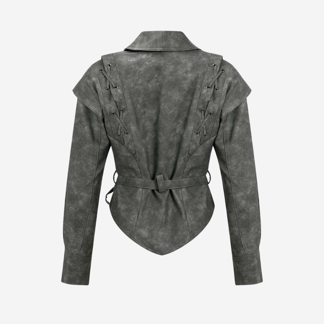 Kort breda axlar oversized jacka i veganskt läder med snörningsdetaljer och knytskärp