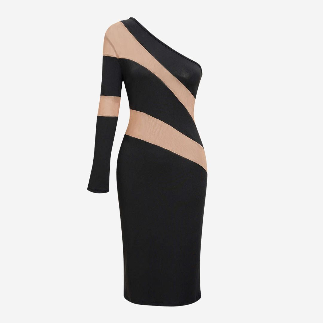 Svart asymmetrisk bodyconklänning i jersey med transparenta diagonala meshpaneler och lång ärm
