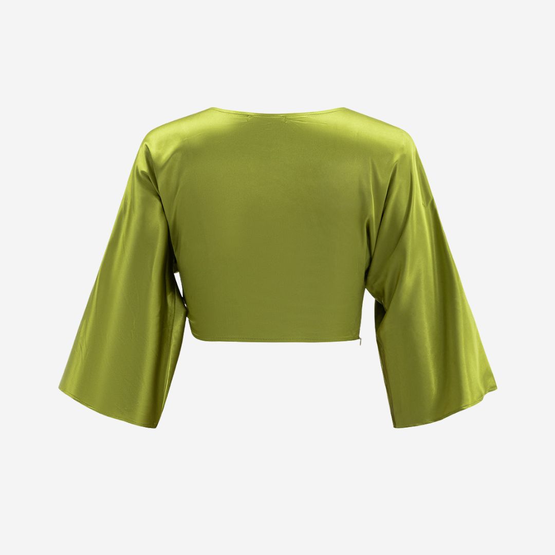 Limegrön kort satintopp med tvinnad front och vida ärmar