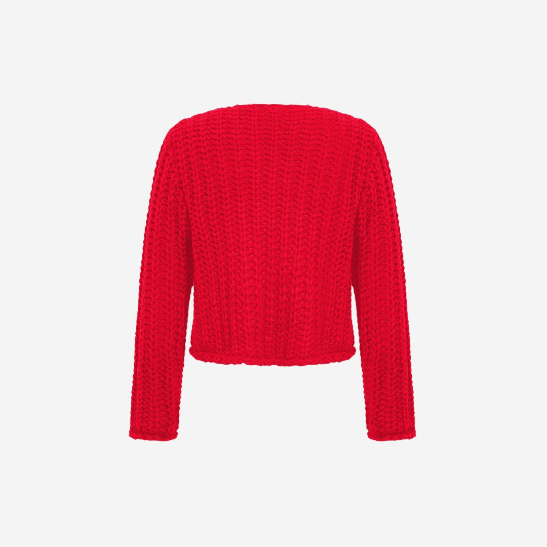 Chunky stickad kofta med stora knappar och påsydda fickor