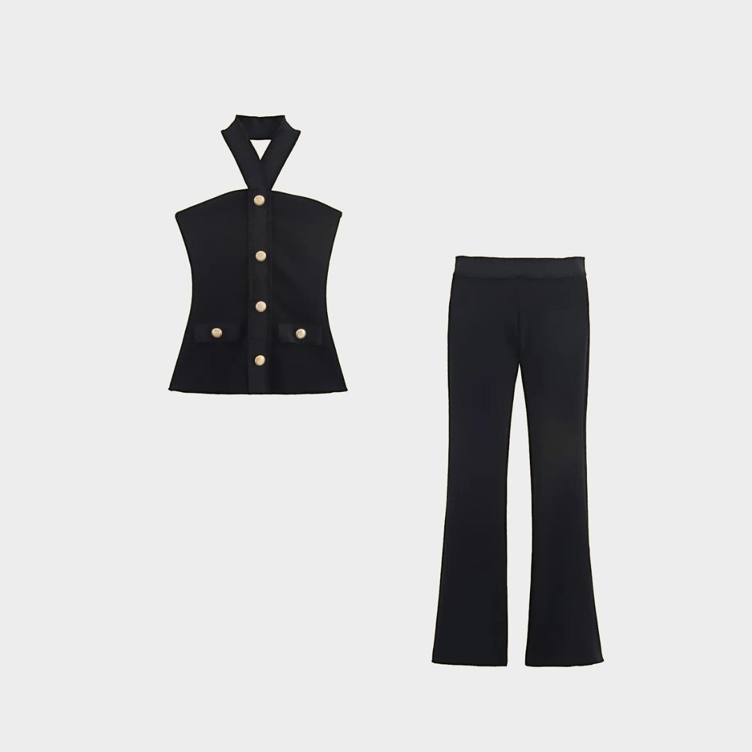 Svart Tvådelat set med halterneck-top och knapprad – skräddade långbyxor