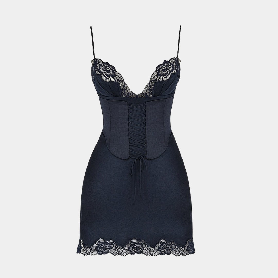 Satinklänning i minilängd med spetskant, snörkorsett och justerbara axelband