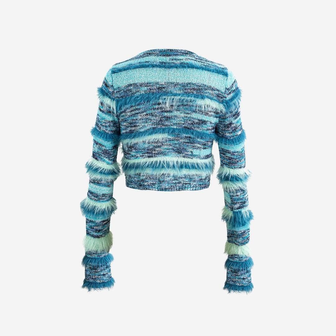 Stickad tröja med ränder, fluffiga ärmdetaljer och knytdetalj framtill