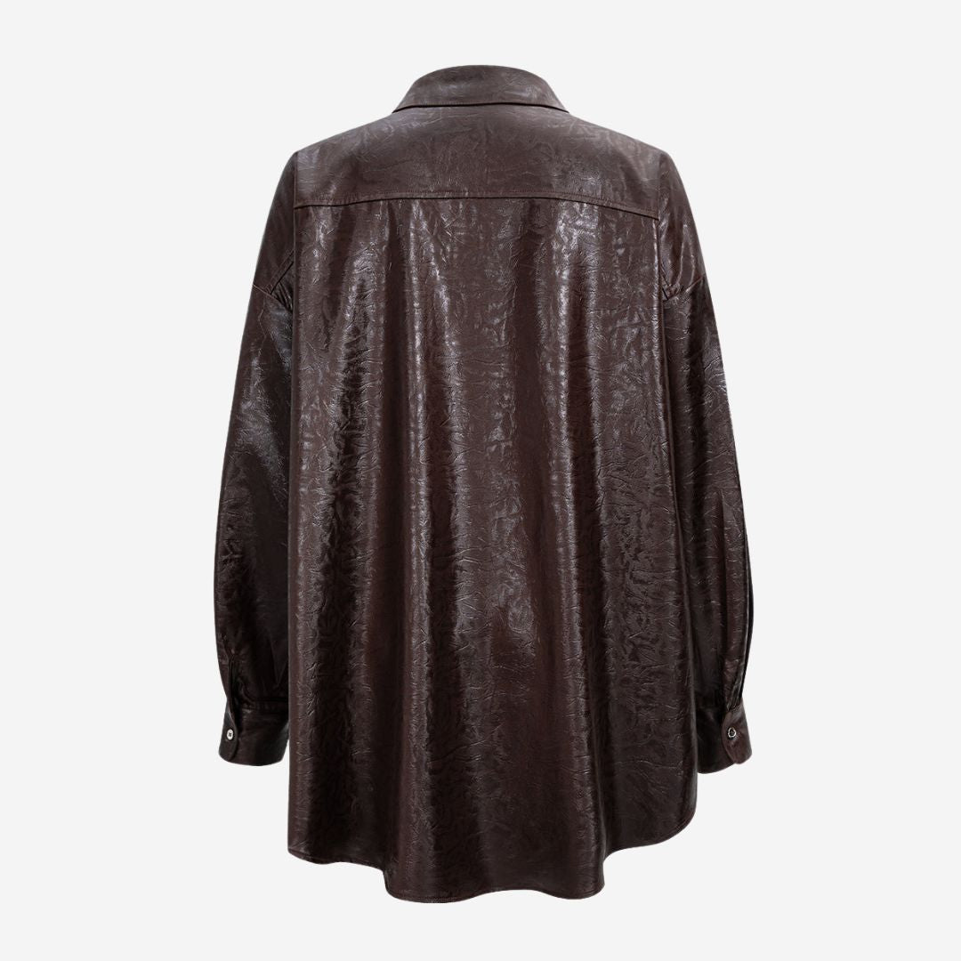 Brun skjortblus i glansigt fuskläder med knytbar fåll