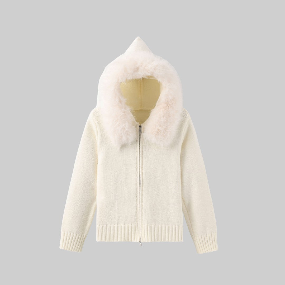 Stickad Jacka med Avtagbar Fuskpälskant och Dragkedja