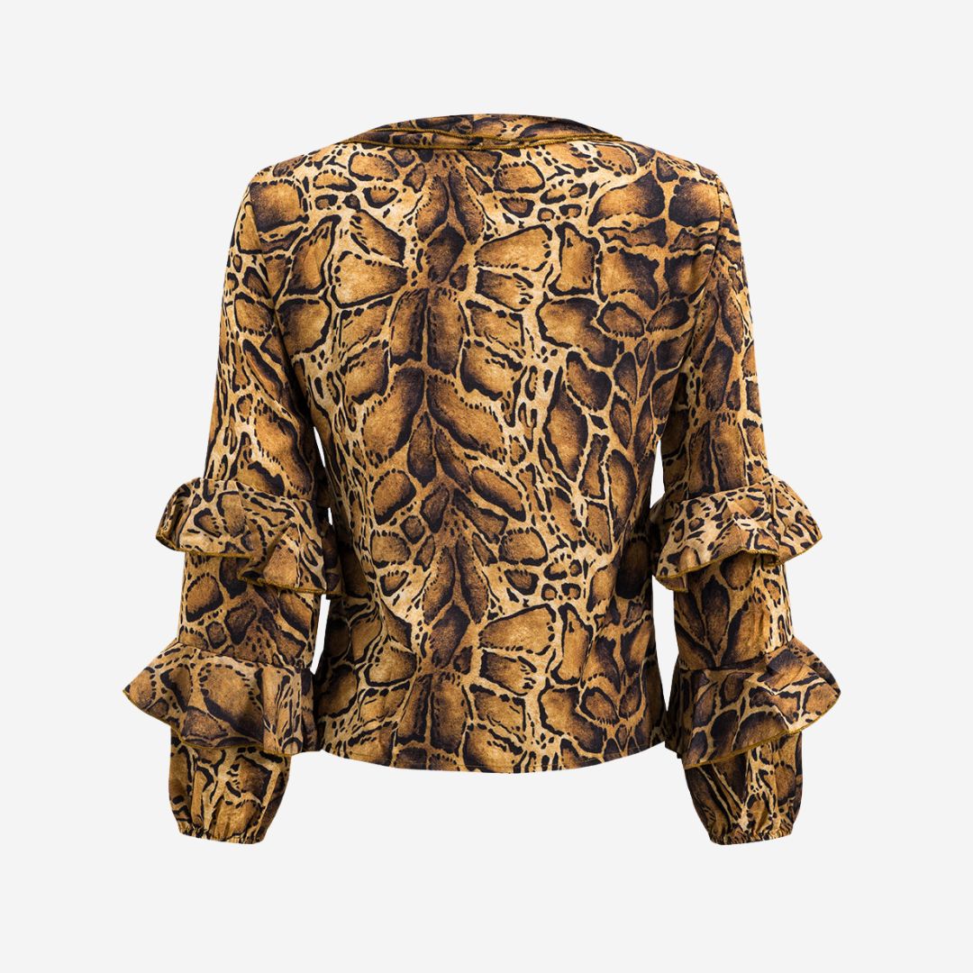 Brun blus med leopardmönster volangärmar och knytning framtill