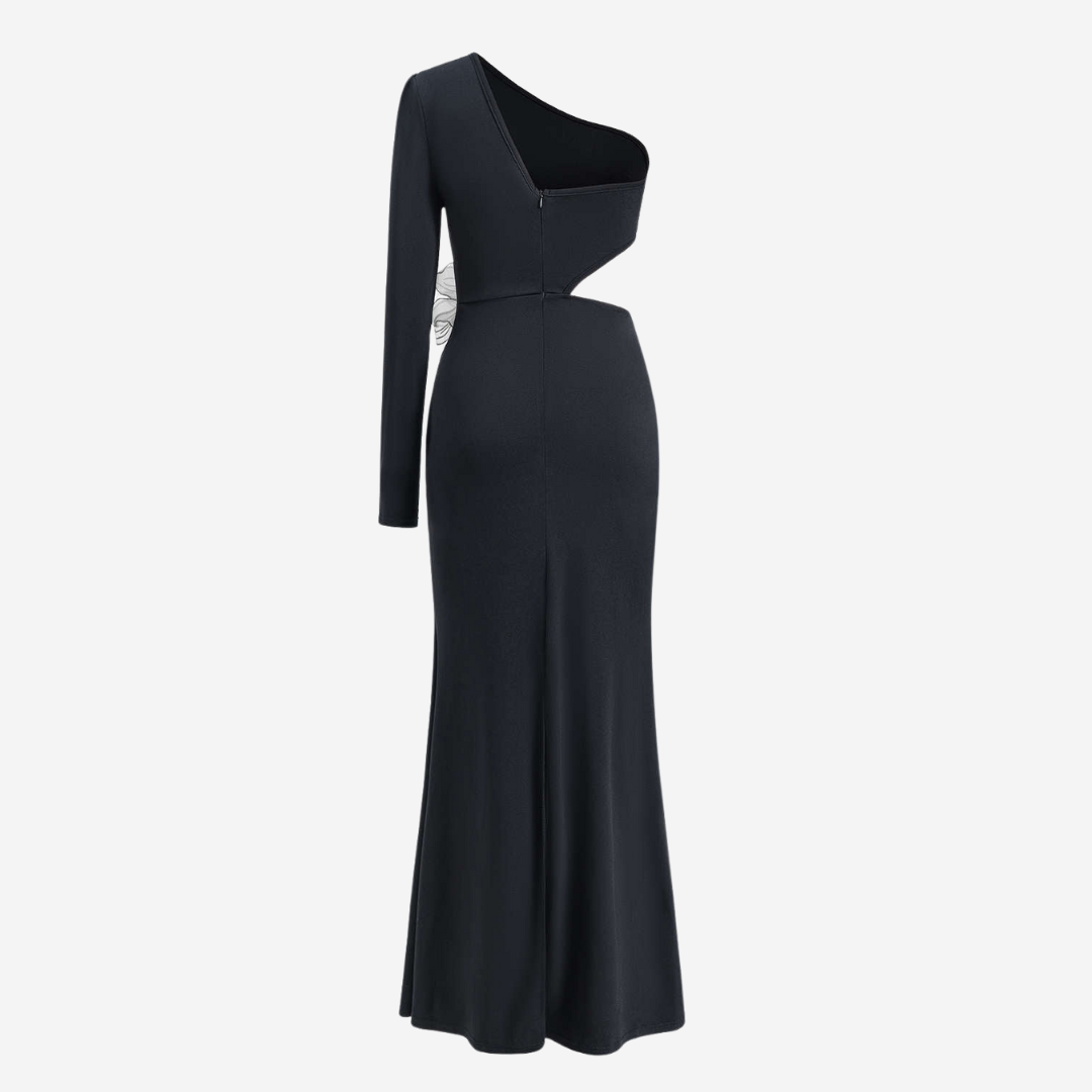 Svart asymmetrisk midiklänning i jersey med utskuren midja och stor blomapplikation i organza