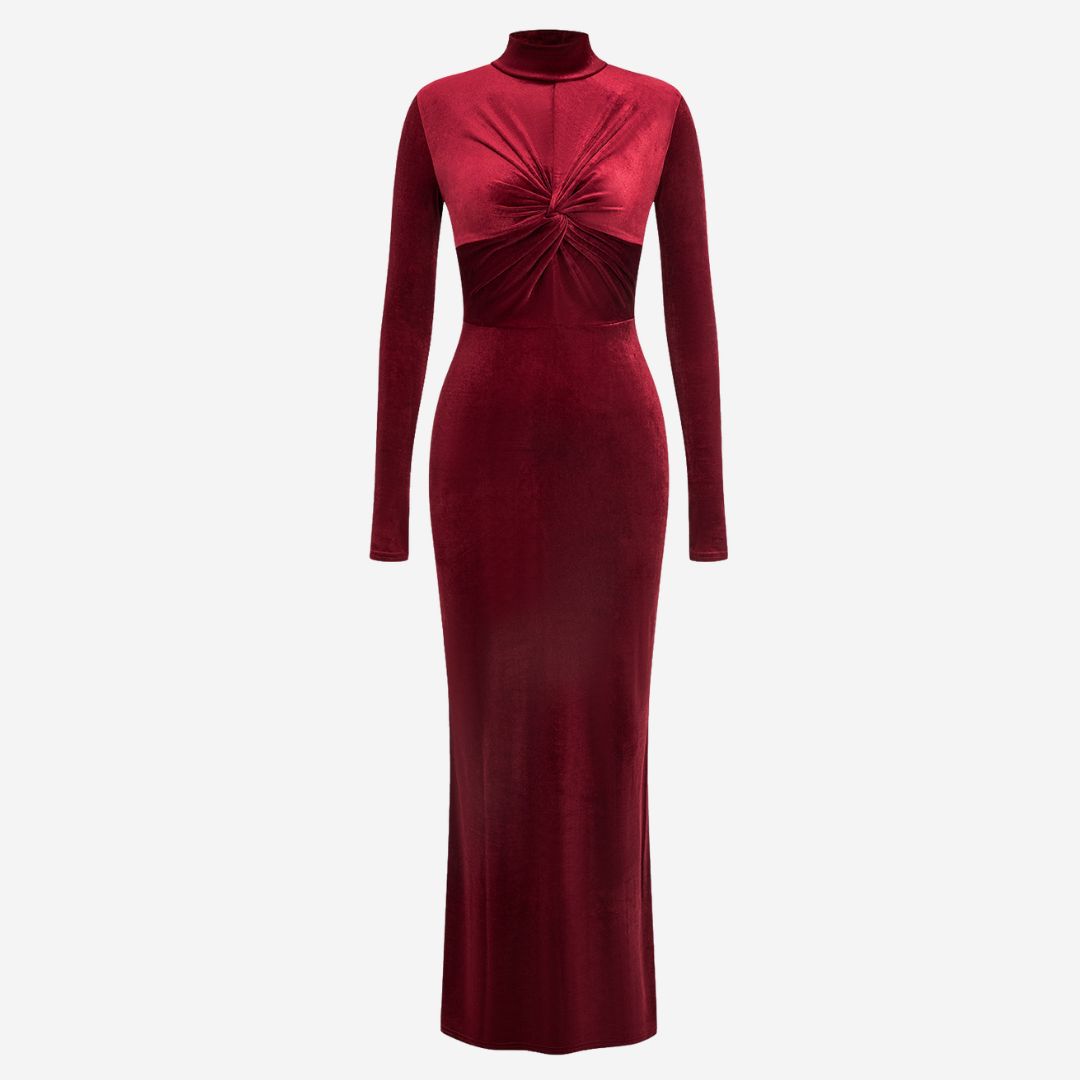 Bourgogne långärmad sammetsklänning med hög halsringning och twistdetalj framtill i figurnära modell