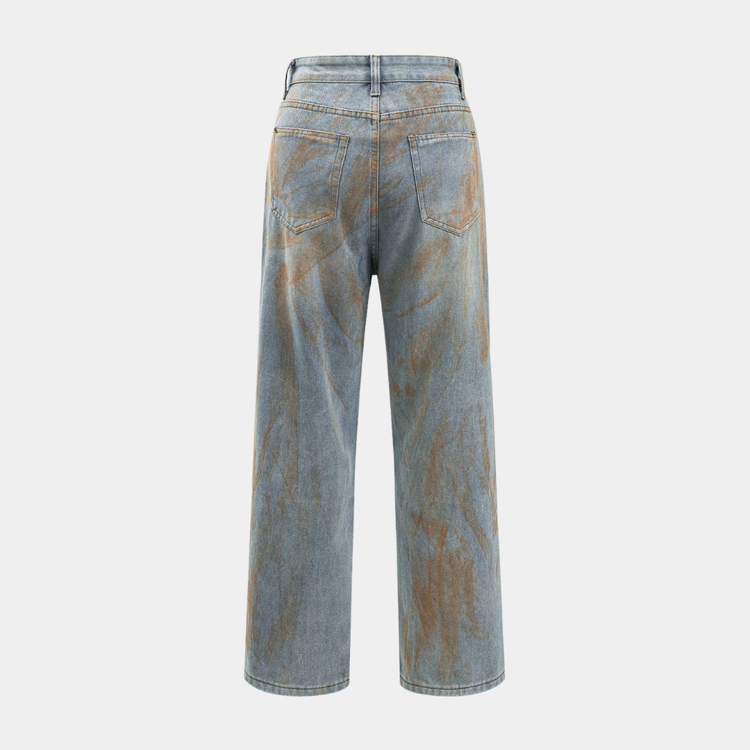 Ljusblå jeans med färgstänk, slitna detaljer och rak benform i mjuk denimblandning utan stretch