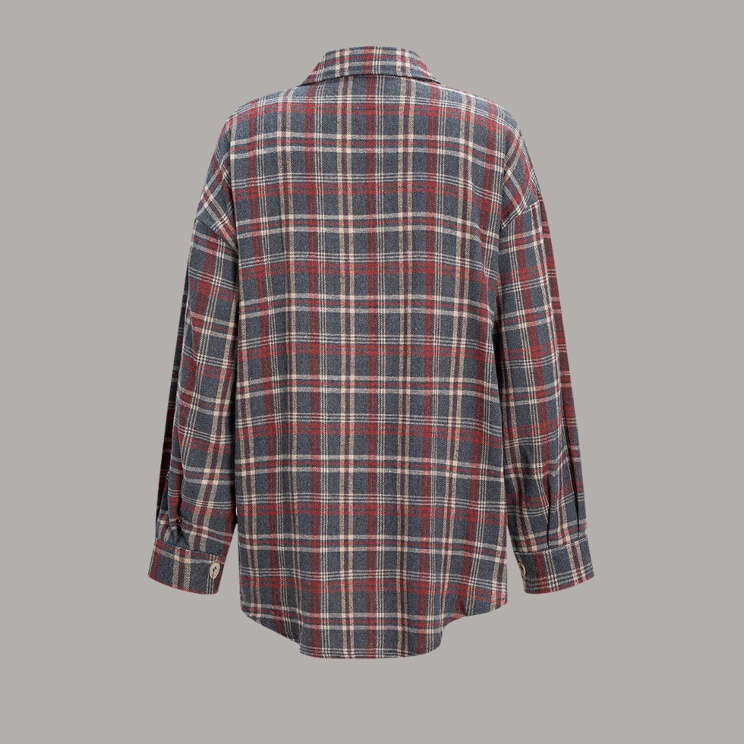 Grå rutig oversize twillskjorta med knytdetalj i midjan och mjuk borstad yta