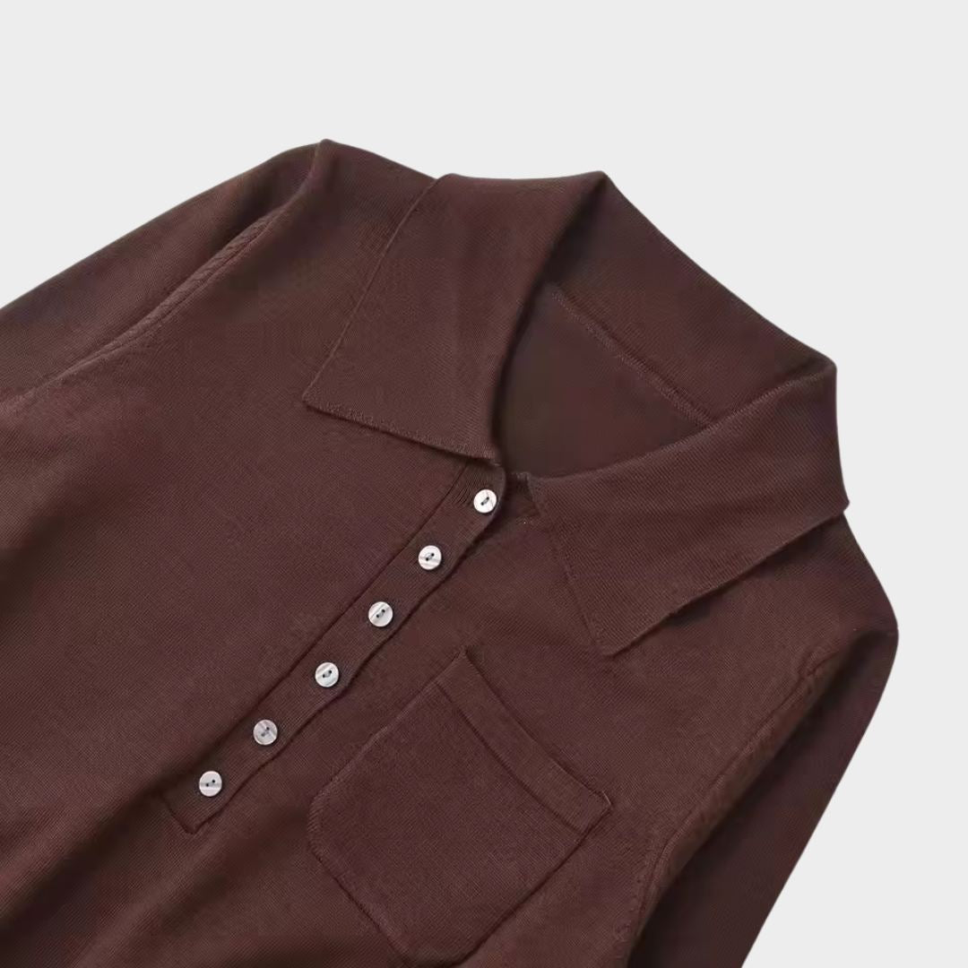 Brun stickad tröja med polokrage ficka och lång ärm