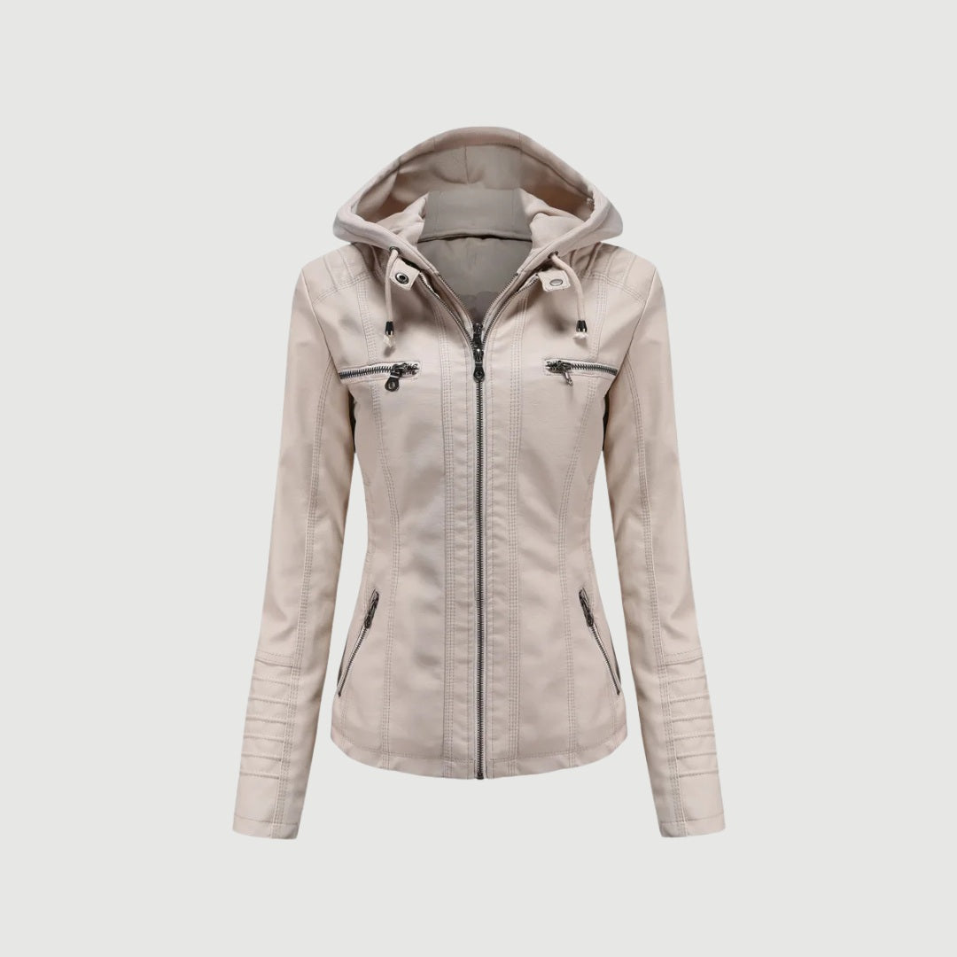 Jacka i skinnimitation med avtagbar huva och bikerstil