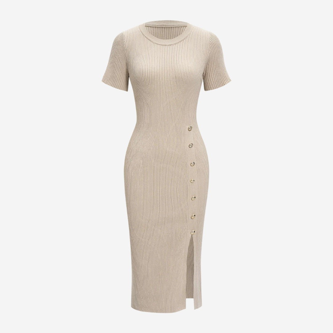 Stickad Asymmetrisk Klänning Med Midjaknappar Kort Ärmar