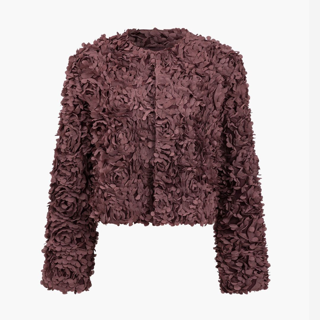 Vinröd Kort jacka i med 3D-blommor i texturerat tyg för speciella tillfällen