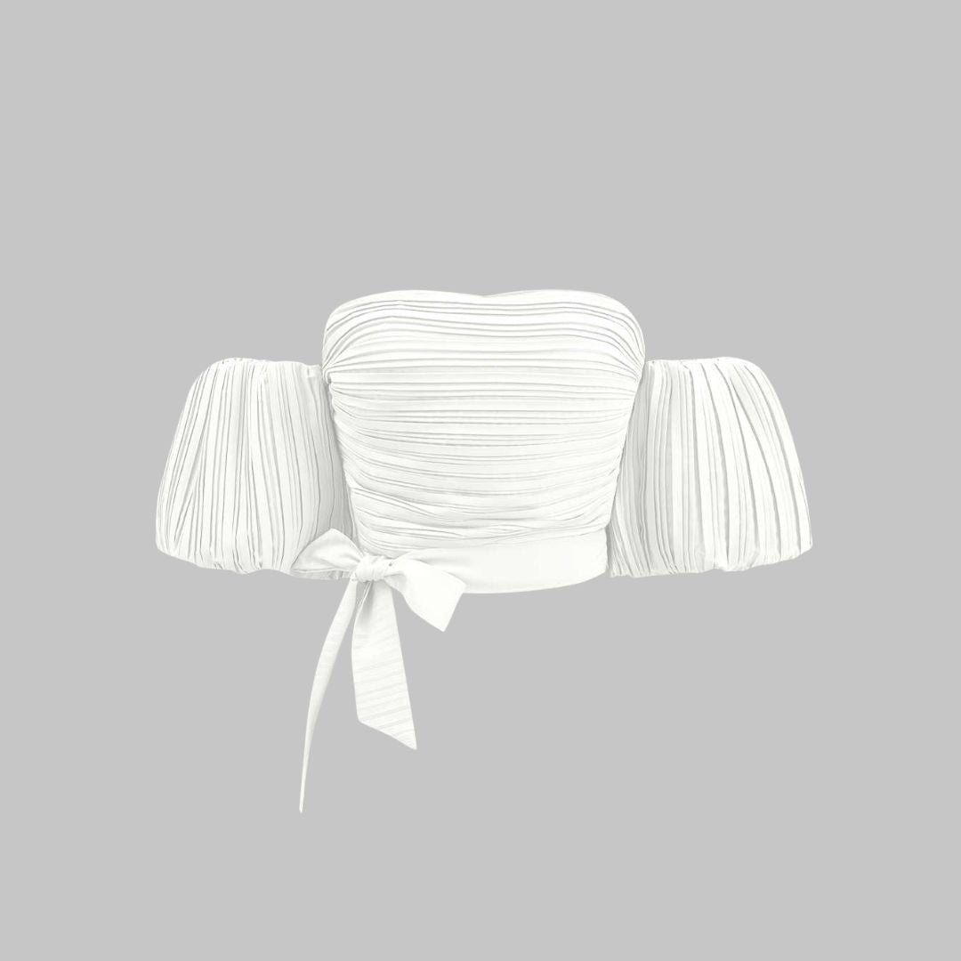 Plisserad axelbandslös topp med voluminösa ärmar och knytband i midjan