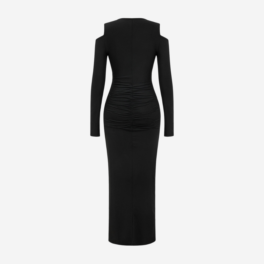 Svart lång figurnära klänning med djup urringning, axelurtag och slits i mjuk stretchig trikå