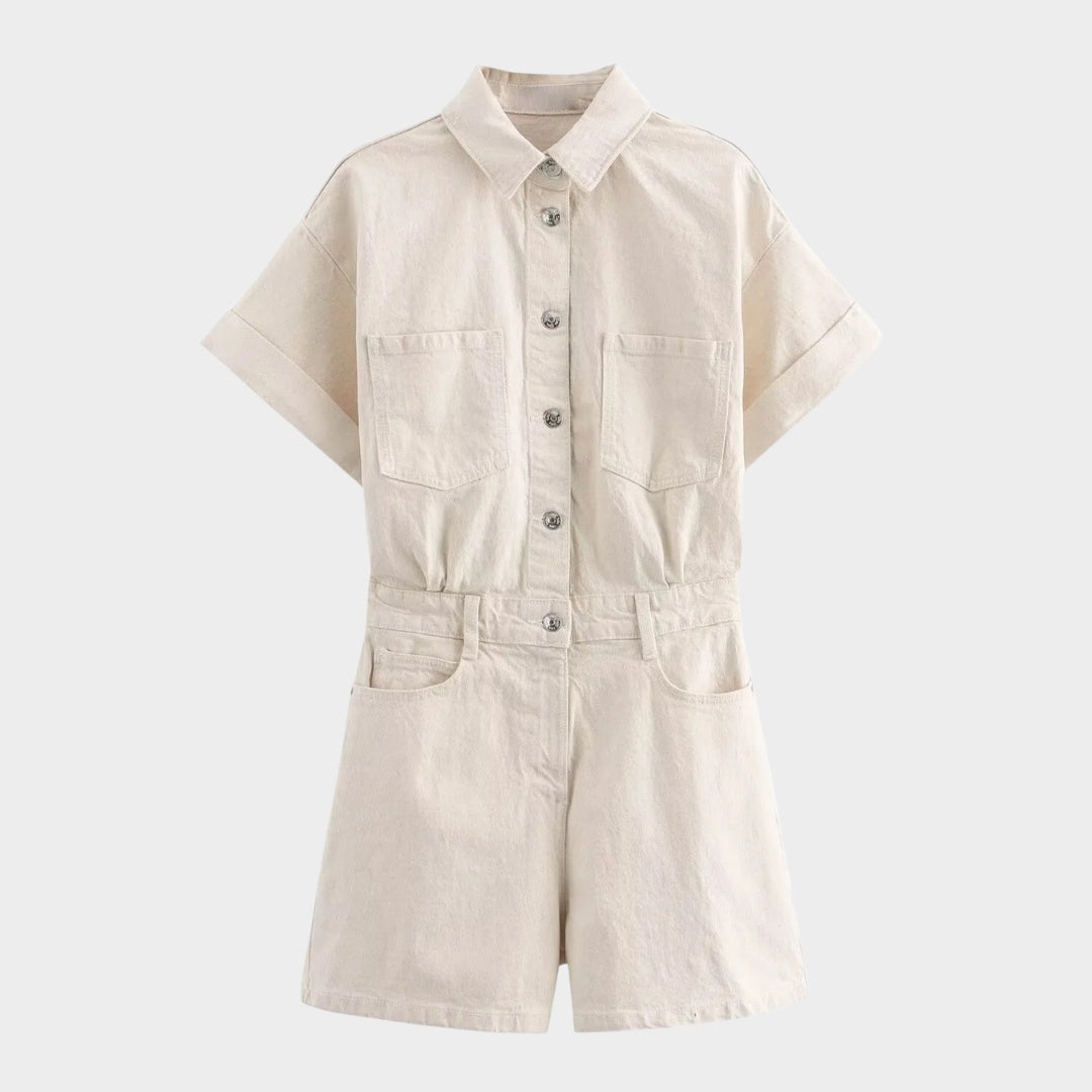 Kortärmad jeansjumpsuit med skjortkrage och hög midja