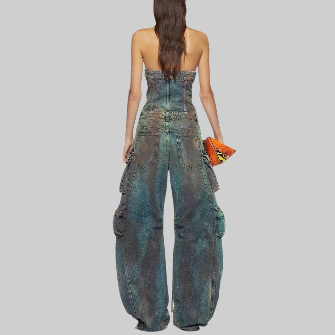 Axelbandslös Cargojumpsuit i Camouflagefärgad Denim