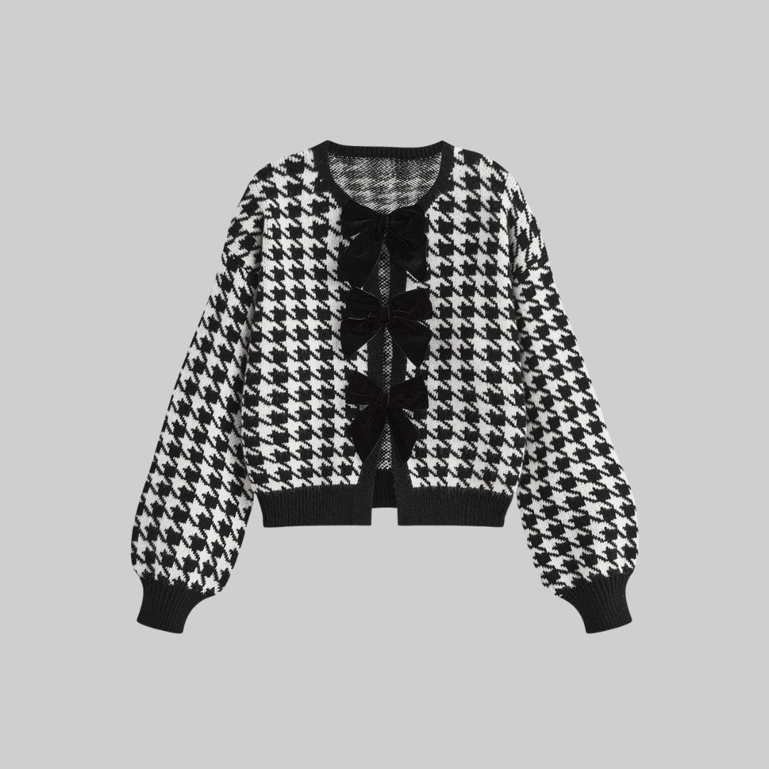 Stickad cardigan med sammetsrosetter och ballongärmar i mjuk stretchkvalitet