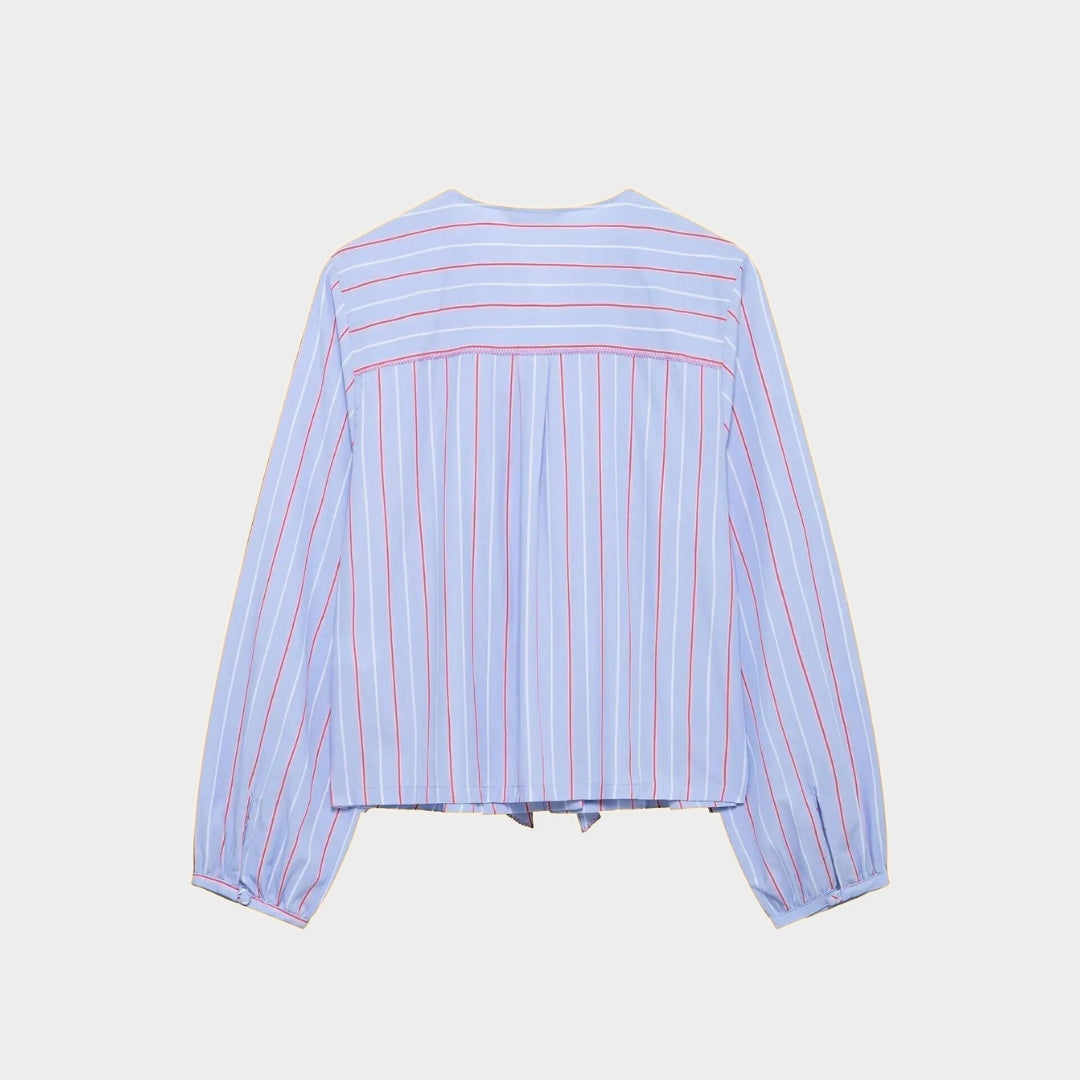 Blus i poplin med knytband och ränder