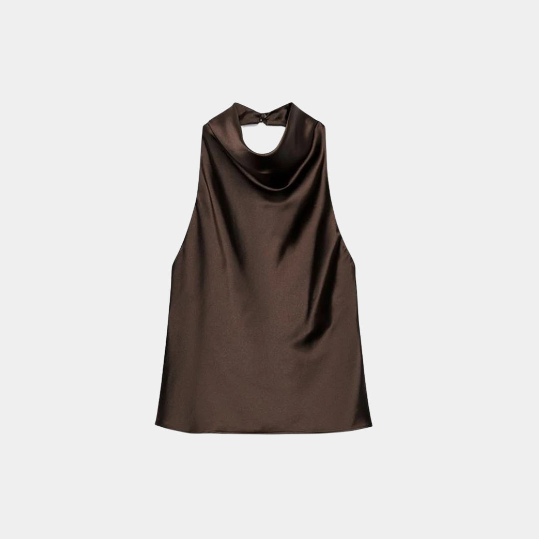 Satinlinne med halterneck och bar rygg i somrig design