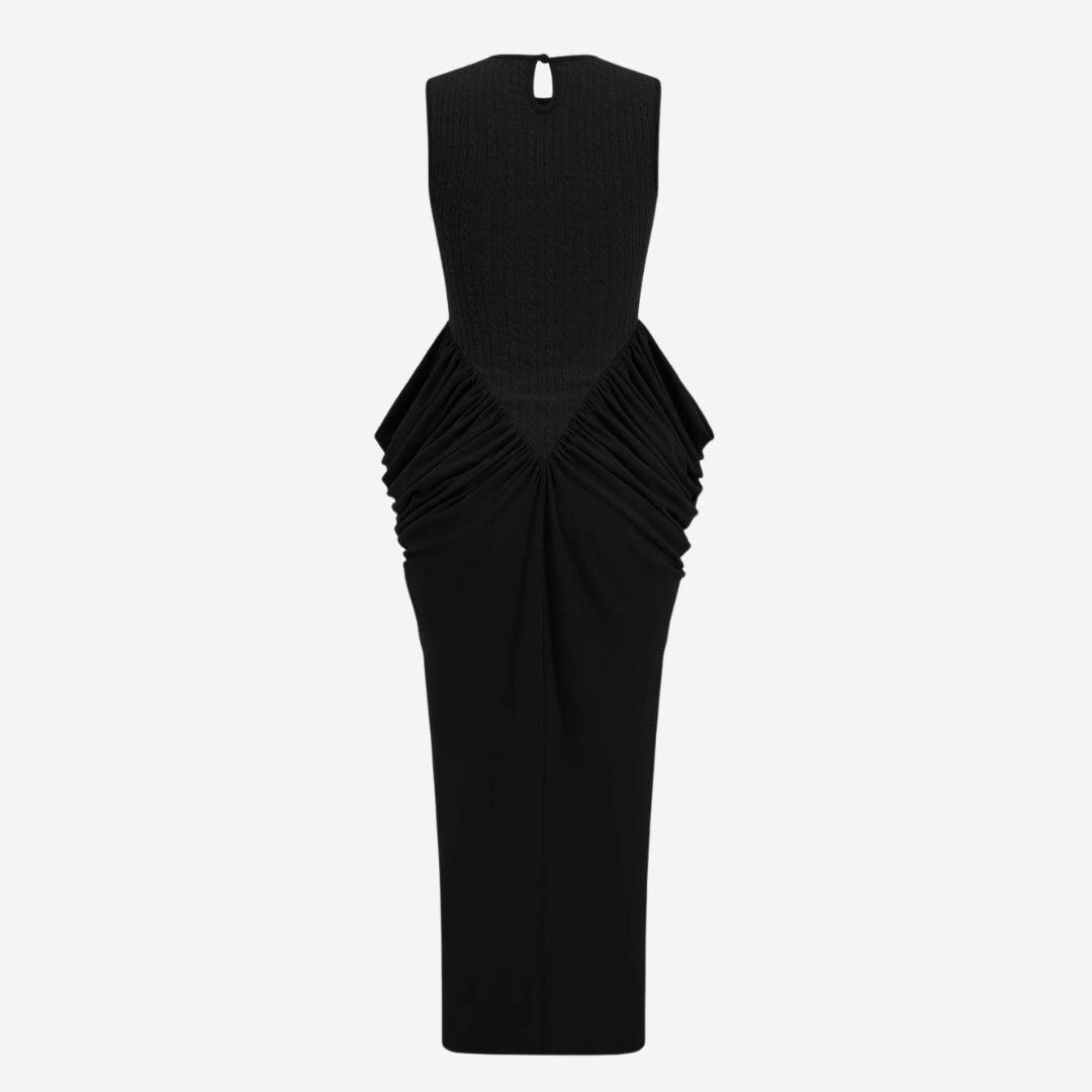 Midiklänning med stickad överdel och draperad kjol i stretchtyg med ärmlös skärning