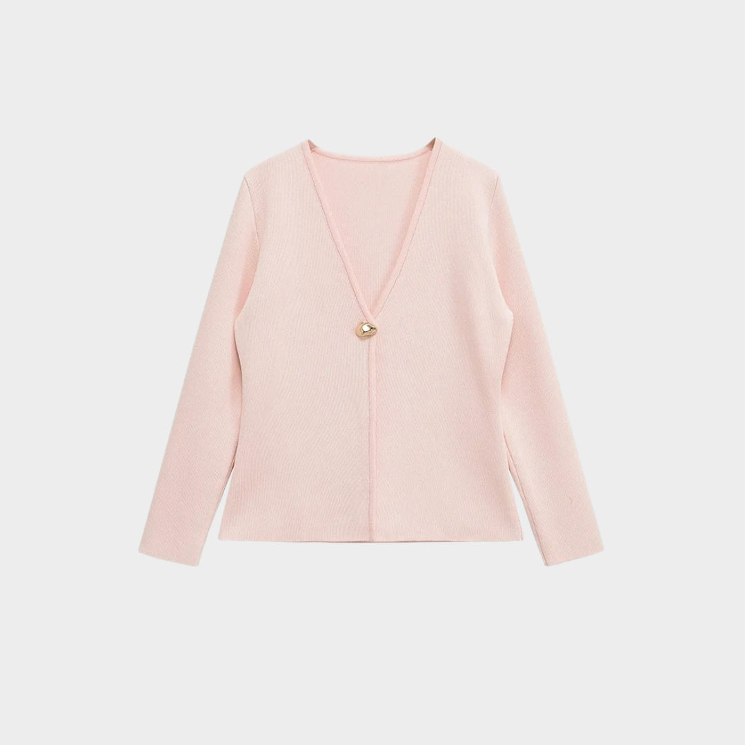 Pastellfärgad stickad kofta med V-ringning och guldfärgad knapp