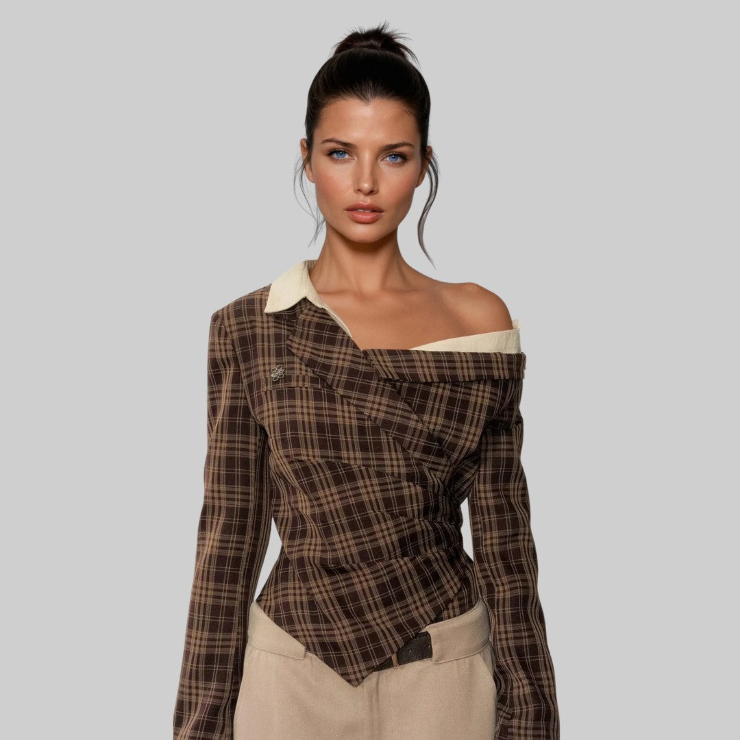 Brun Asymmetrisk rutig topp i brunt med enkel axel, skräddad passform och kontrastkrage