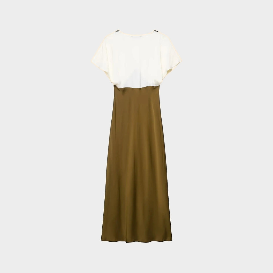 Silkesliknande midigown med spetskant och kontrasterande överdel