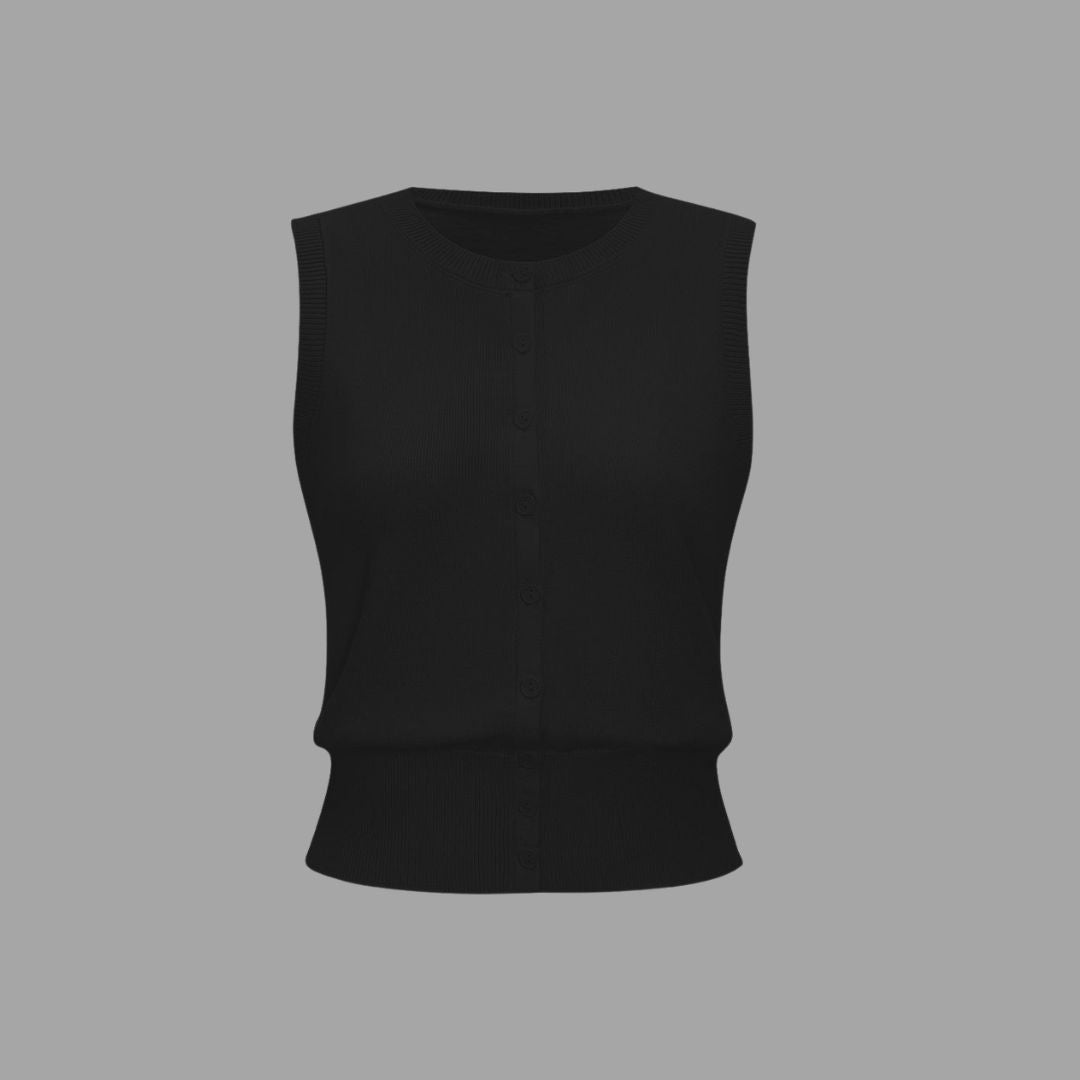 Ärmlös stickad topp med rund halsringning och knappdetaljer framtill