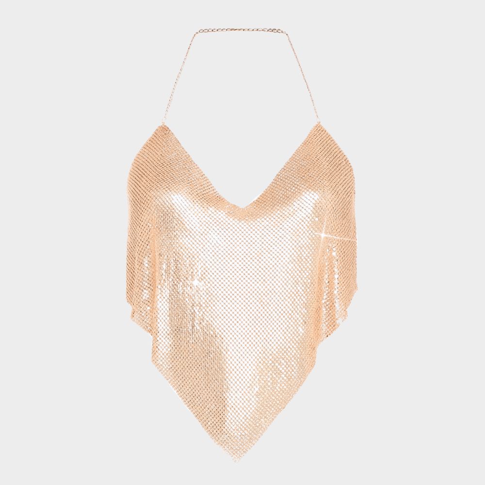 Paljettlinne med kedjeband och öppen rygg i clubstil