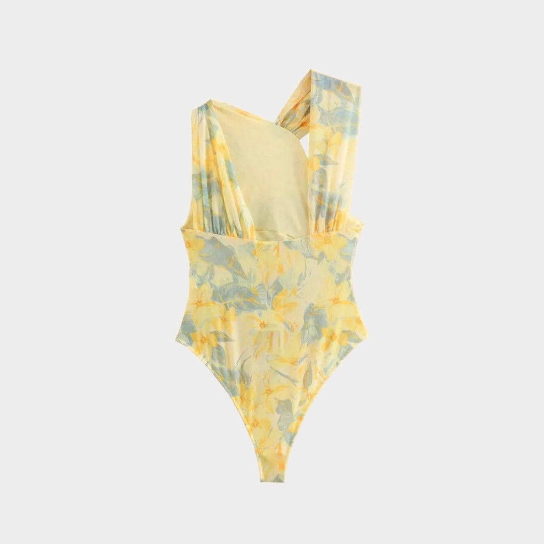 Printad body med rynkad front meshtyg smal passform och draperad design