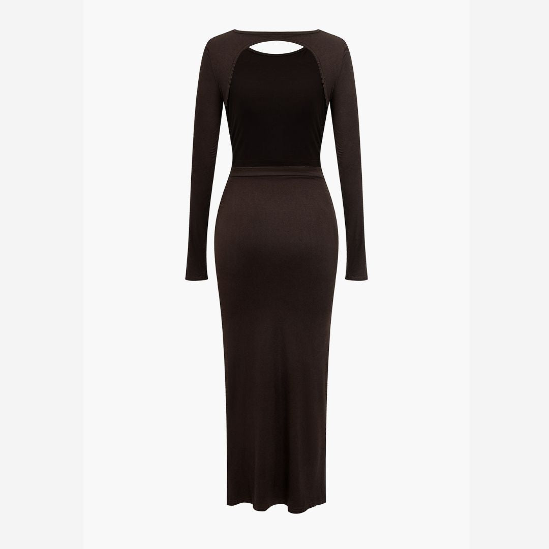 Svart lång jerseyklänning med rynkade detaljer urholkad rygg och slits