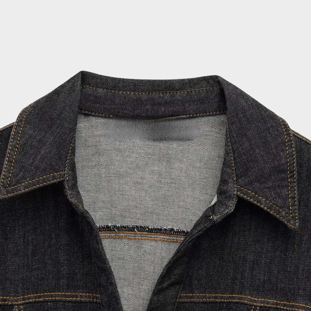 Tvådelad denimset med jacka enkel knäppning och vida byxor