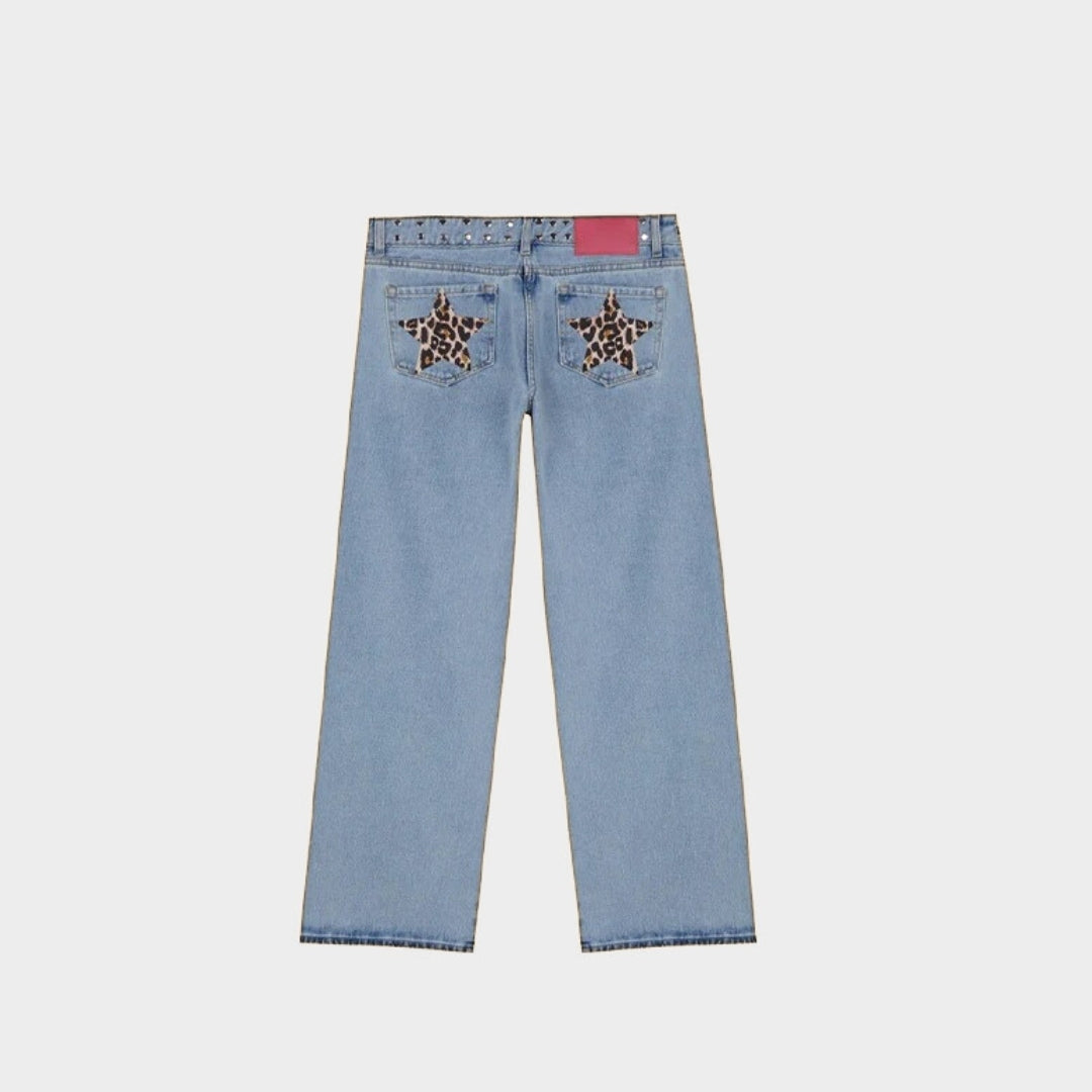 Rak jeans med stjärn broderi leopardmönster och nitdetaljer