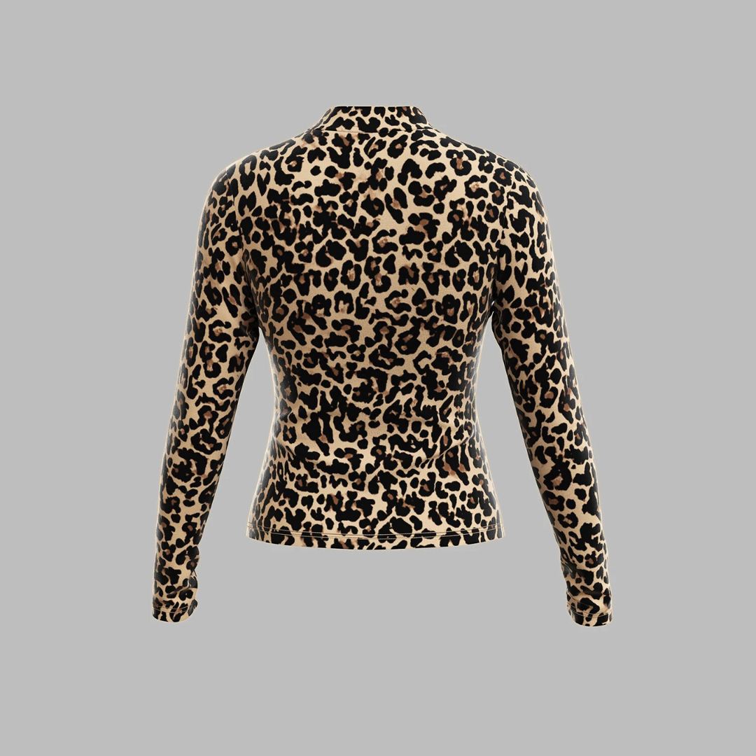Leopardmönstrad topp med uringning och långa ärmar